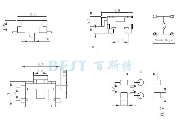 輕觸開關3×4_TS-1186E_參考圖紙